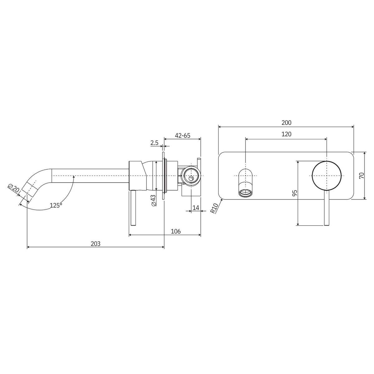 Technical drawing of Fienza Kaya wall basin/bath mixer set, rectangular plate and 203mm outlet, with dimensions shown
