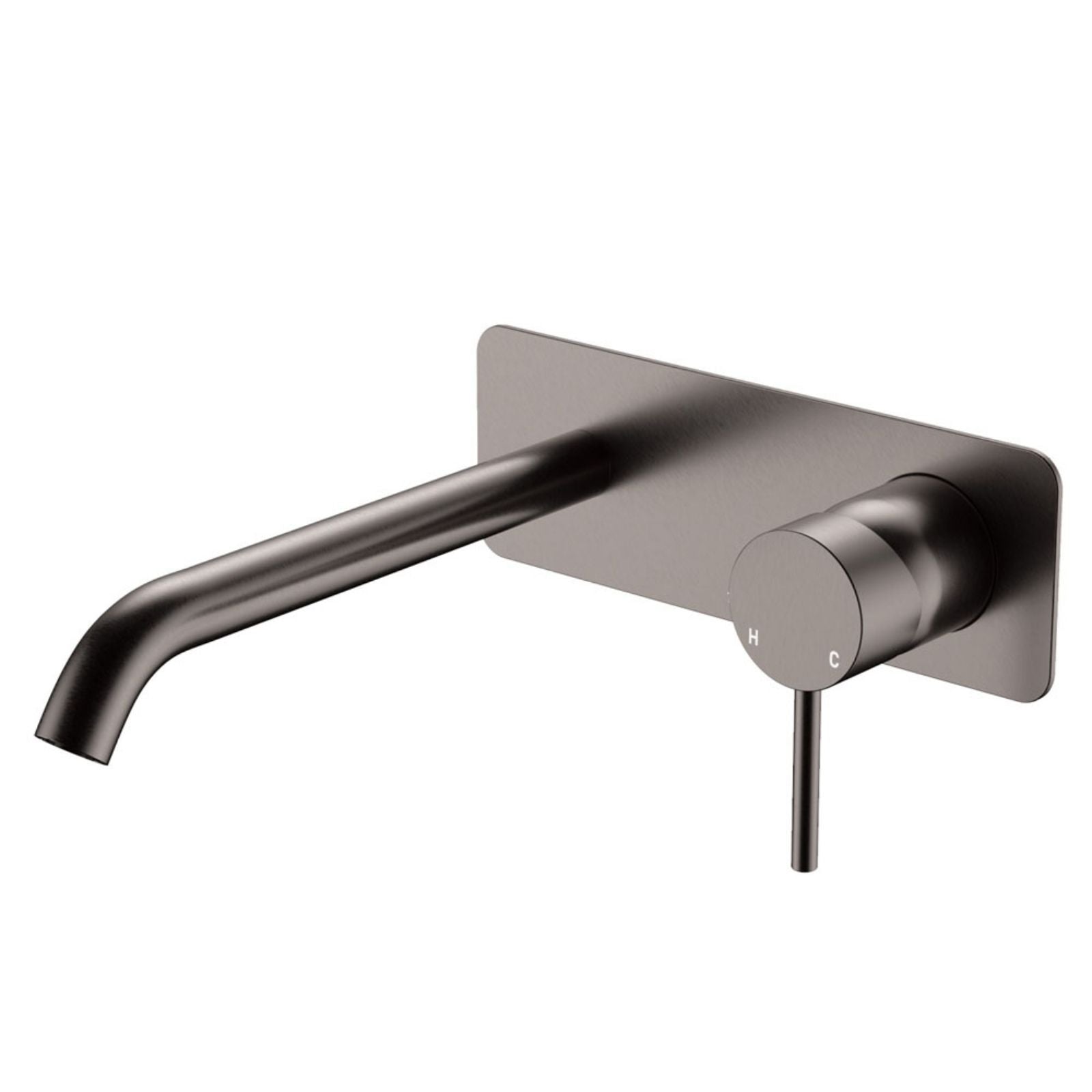Fienza Kaya wall basin/bath mixer set in gunmetal with rectangular plate and curved outlet, front view on white background