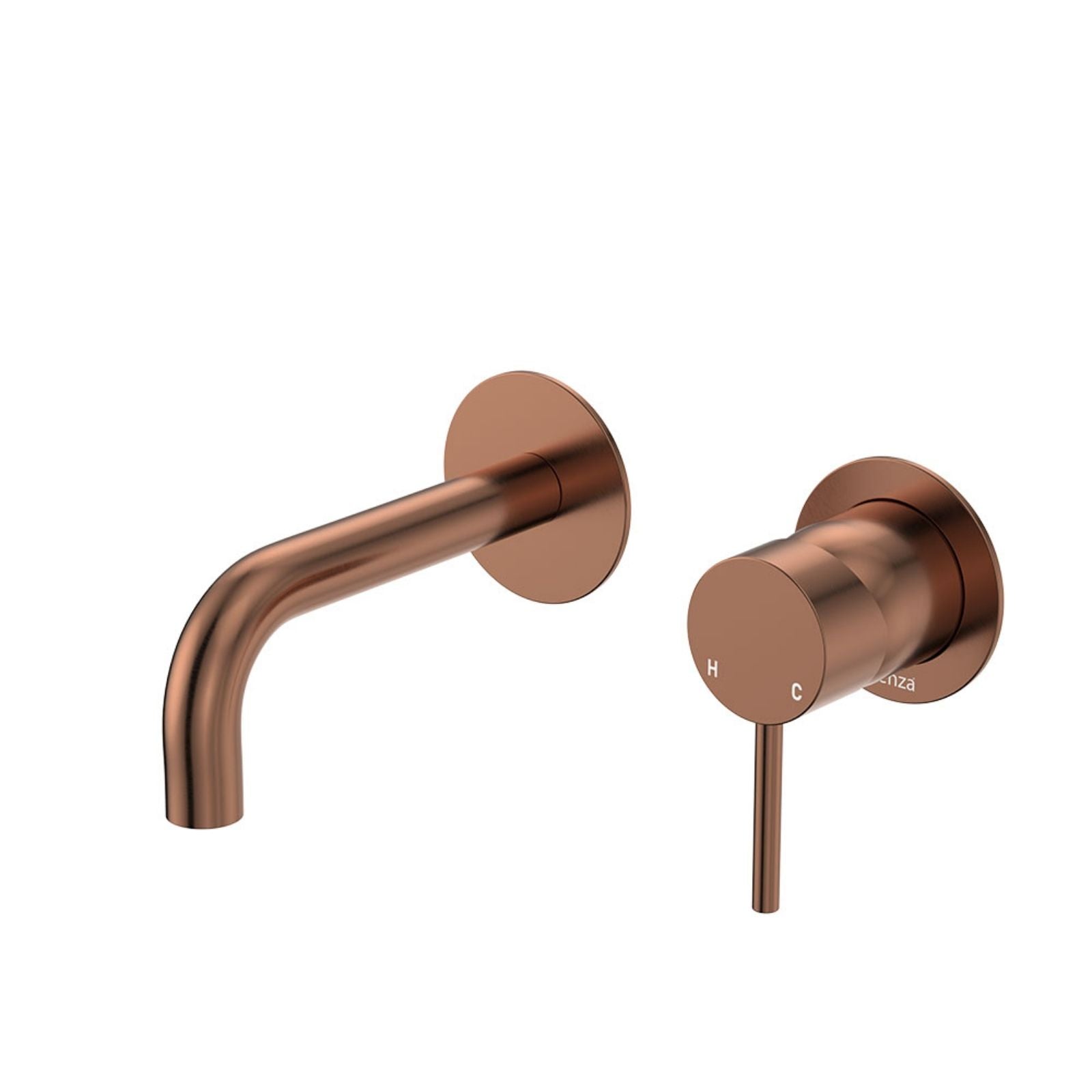 Fienza Kaya wall basin/bath mixer set in brushed copper with round plates and curved 130mm outlet on white background