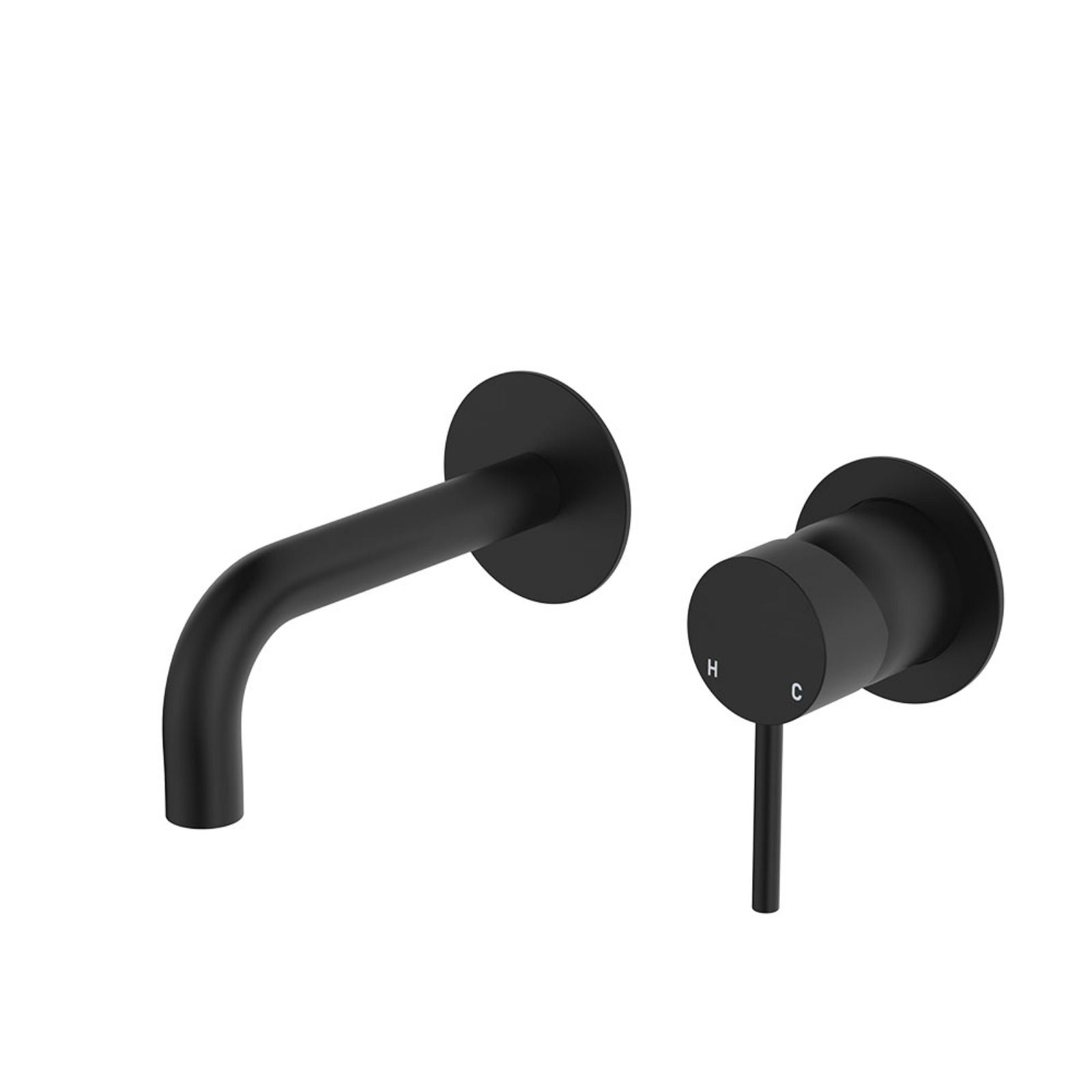 Fienza Kaya wall basin/bath mixer set in matte black with round plates and curved 130mm outlet, wall mounted on white background
