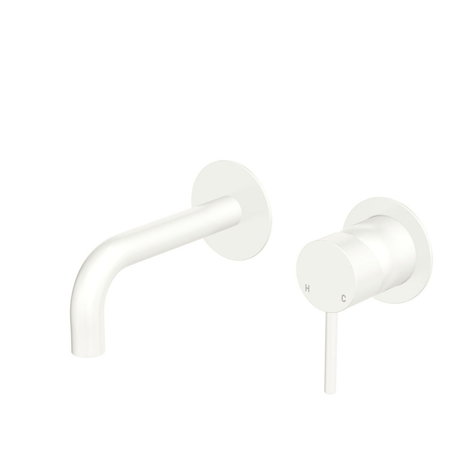 Fienza Kaya wall basin/bath mixer set in matte white with round plates and curved outlet, shown on white background