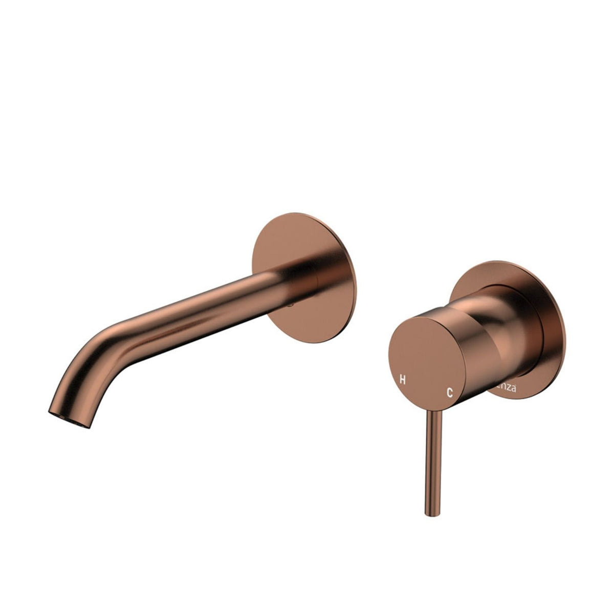 Fienza Kaya wall basin/bath mixer set in brushed copper with round plates and curved outlet, front view on white background