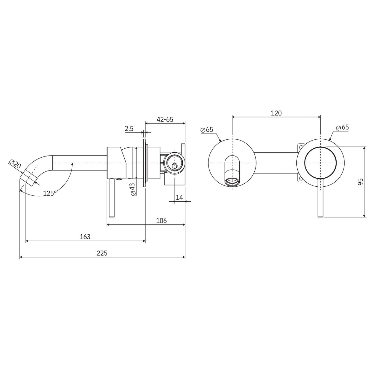 Fienza Kaya wall basin/bath mixer set technical drawing with round plates and 160mm outlet, brushed copper finish