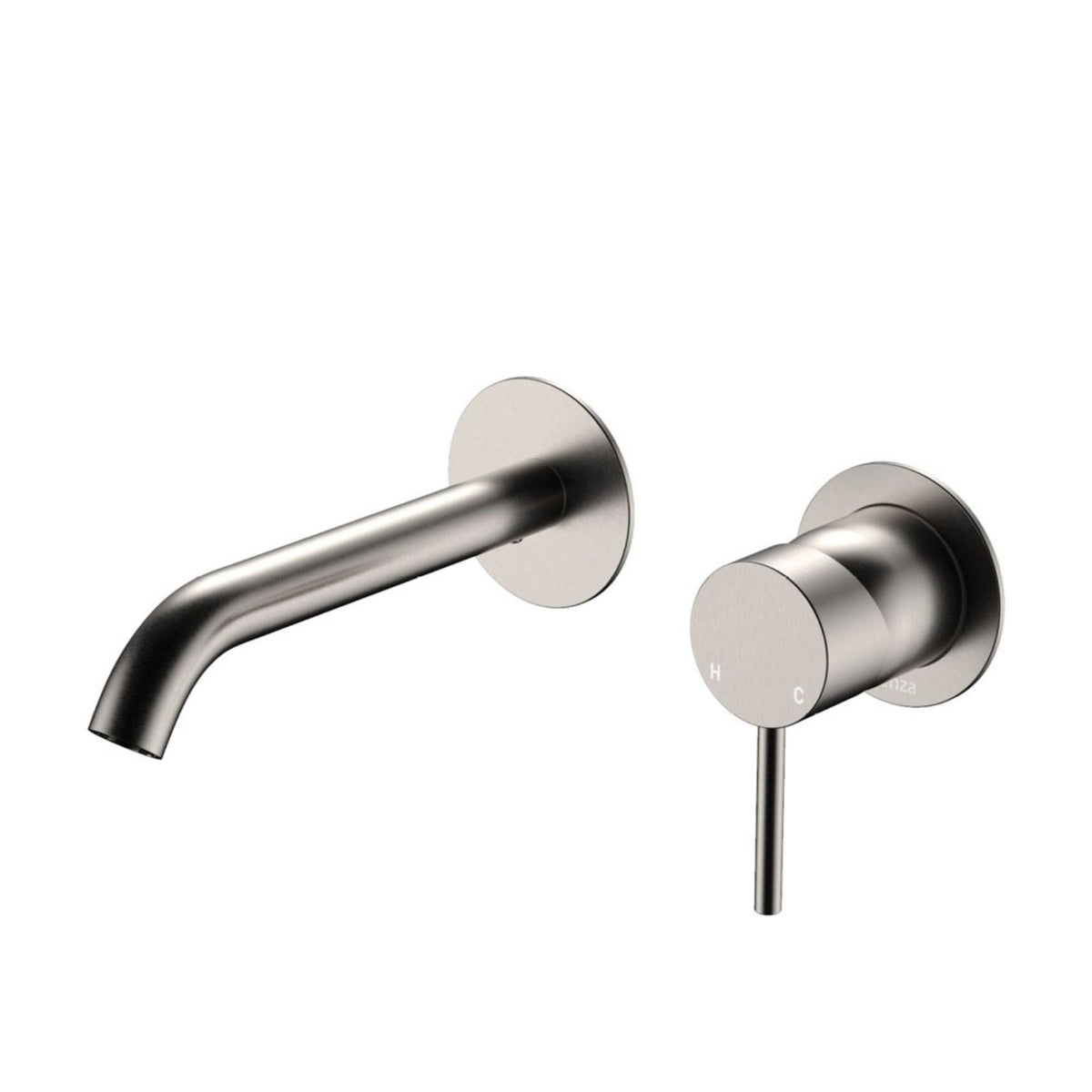 Fienza Kaya brushed nickel wall basin/bath mixer set with round plates and curved outlet on white background