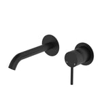Fienza Kaya wall mixer set in matte black with round plates and curved outlet, shown front on white background