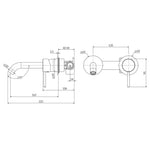 Technical drawing of Fienza Kaya wall basin/bath mixer set with 160mm outlet, round plates and dimensions in black line art