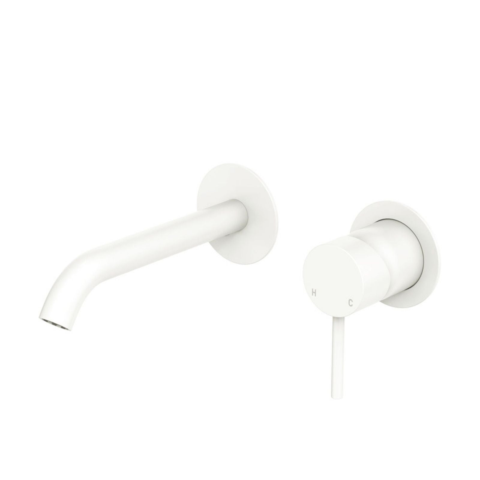 Fienza Kaya wall basin/bath mixer set in matte white with round plates and curved outlet on white background
