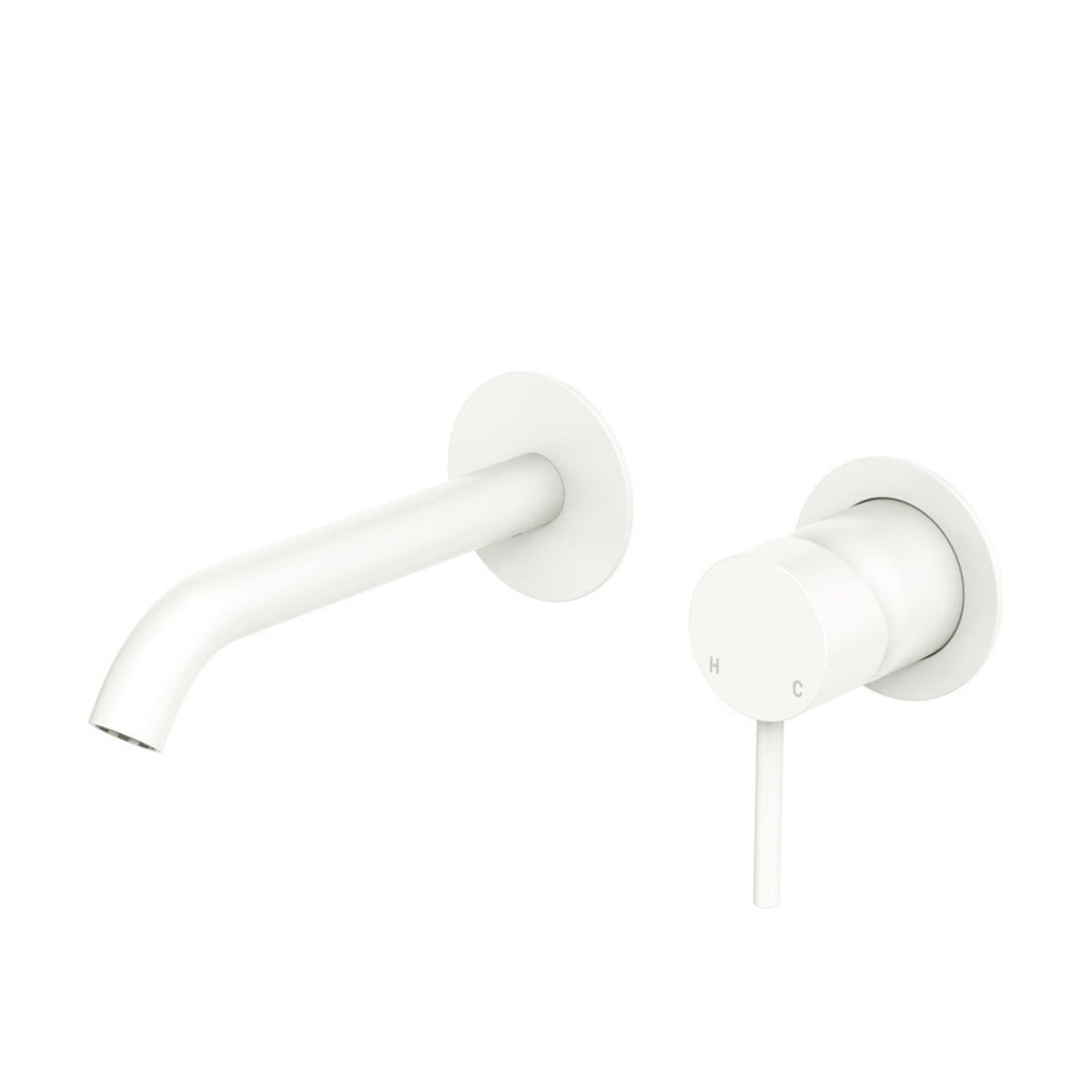 Fienza Kaya wall basin/bath mixer set in matte white with round plates and curved outlet on white background