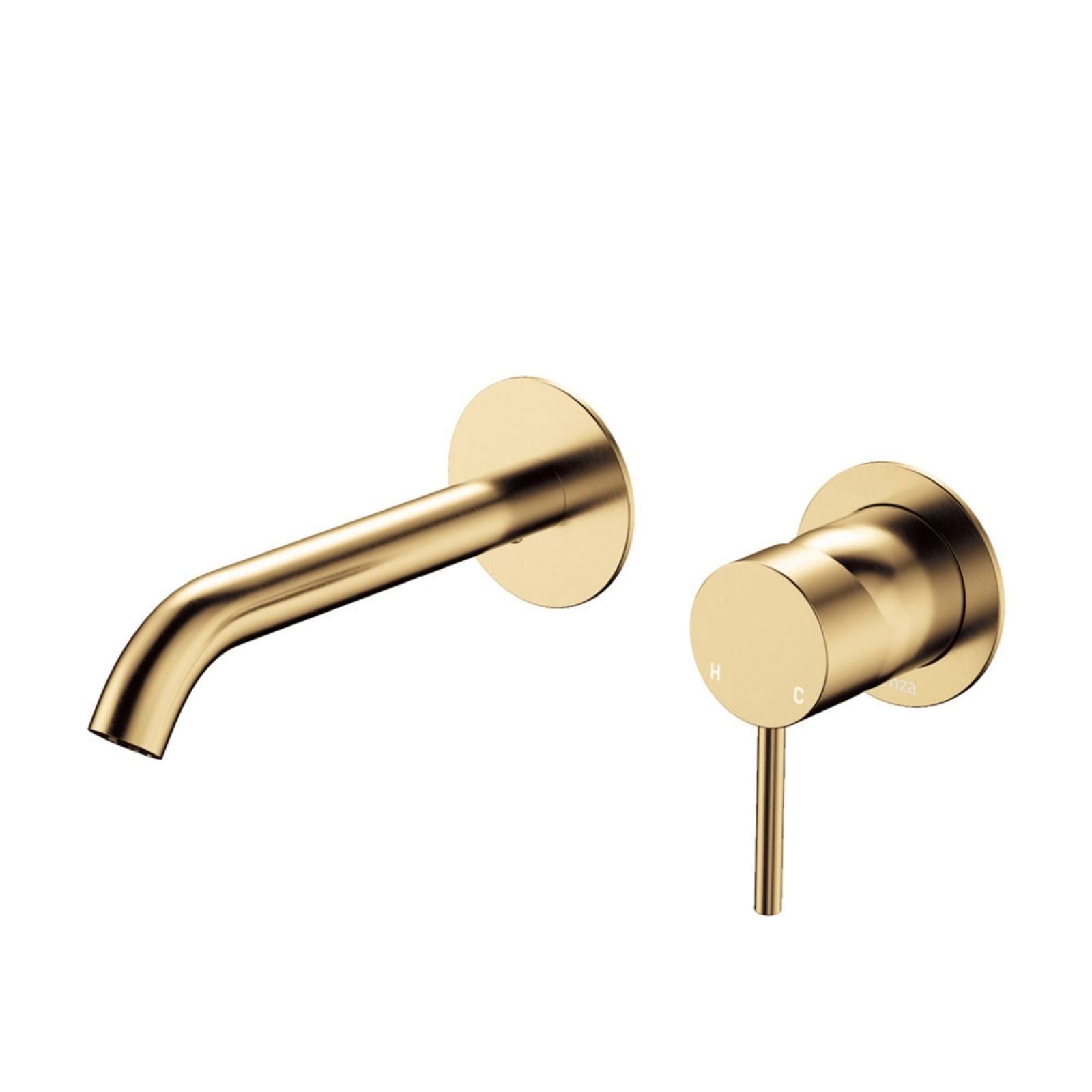 Fienza Kaya wall basin/bath mixer set in urban brass with round plates and curved 160mm outlet