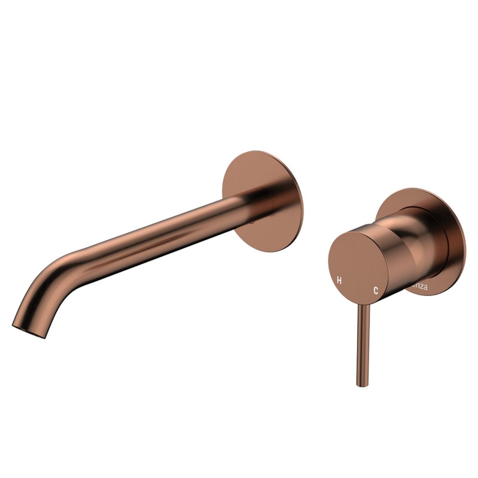 Fienza Kaya wall basin/bath mixer set in brushed copper with round plates and 200mm outlet, wall mounted