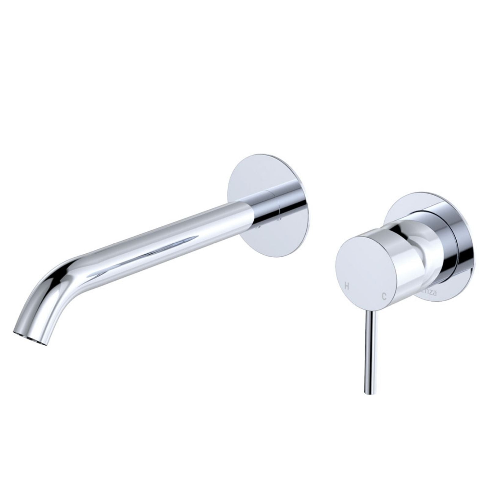 Fienza Kaya chrome wall basin/bath mixer set with round plates, curved 200mm outlet and pin lever handle