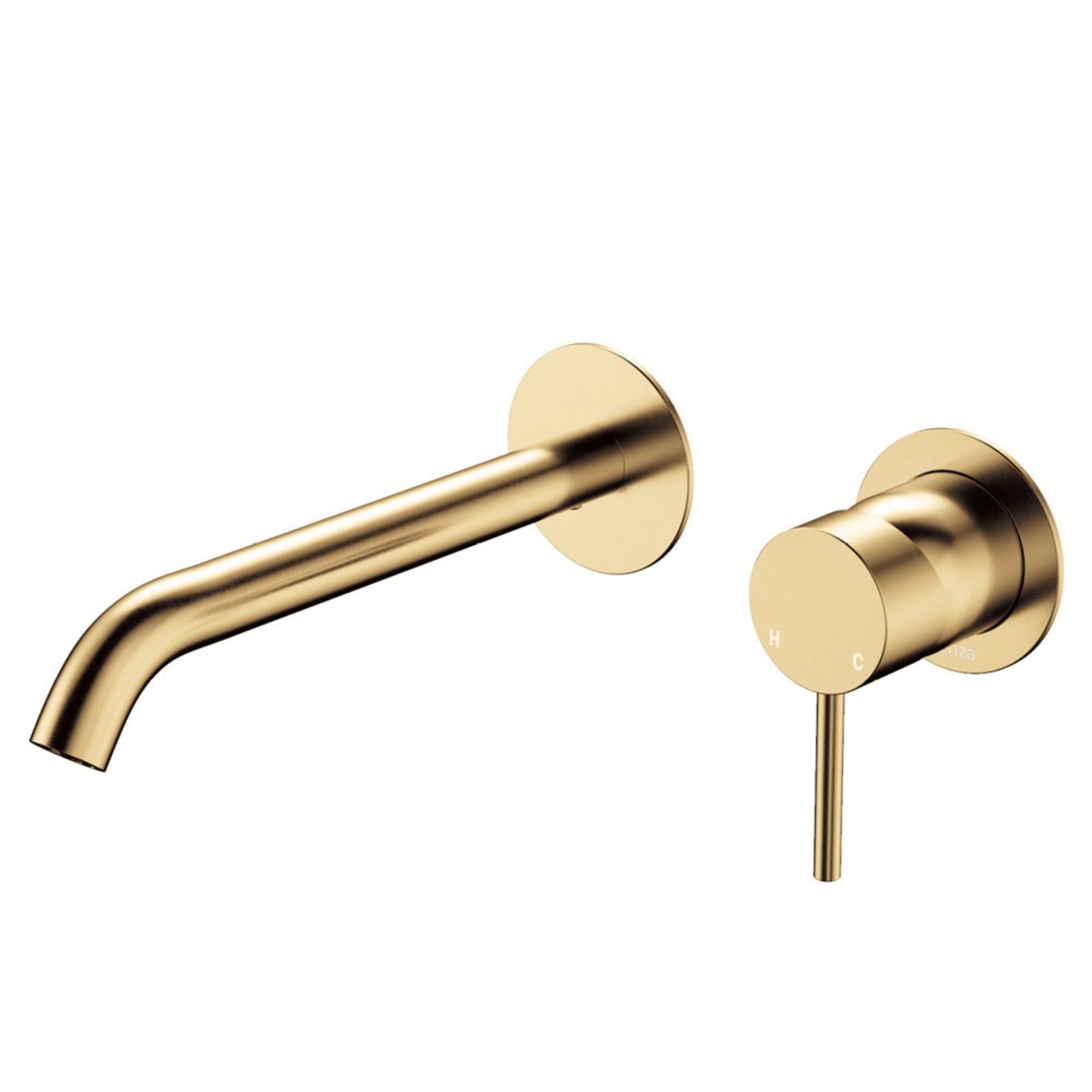Fienza Kaya wall mixer set in urban brass with round plates and curved 200mm spout, wall mounted bathroom tap￼