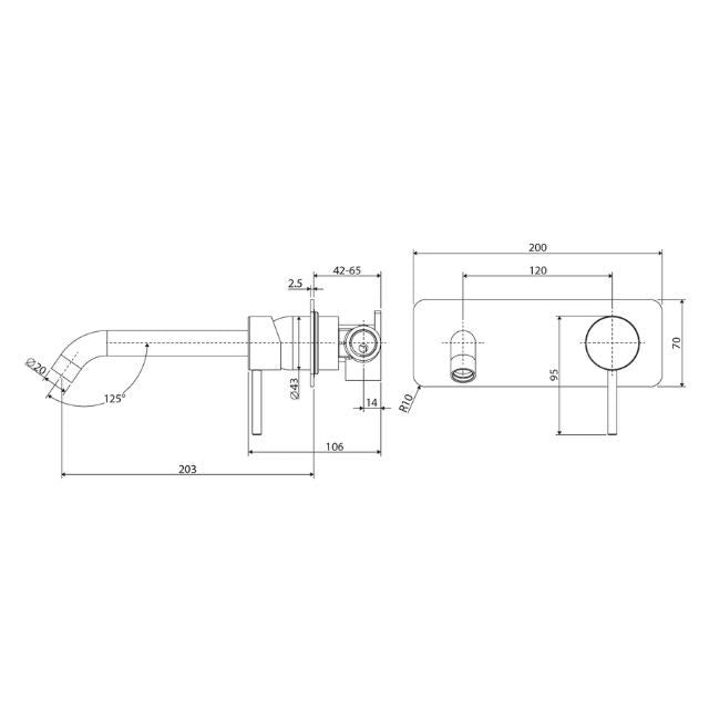 Technical drawing of Fienza Kaya wall mixer dress kit, rectangular plate and 200mm curved outlet, gun metal finish
