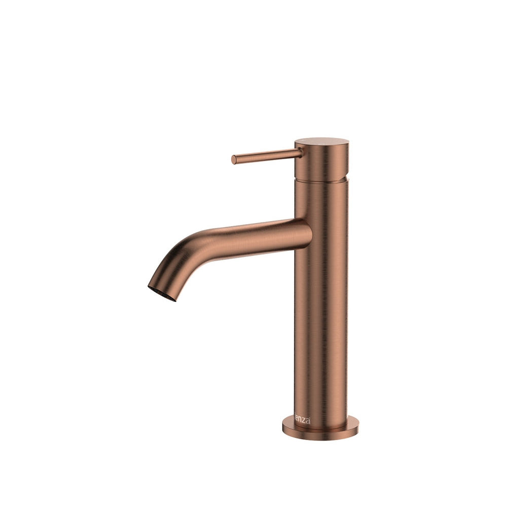 Fienza Kaya basin mixer in brushed copper, tall cylindrical tap with curved spout and pin lever handle on white background