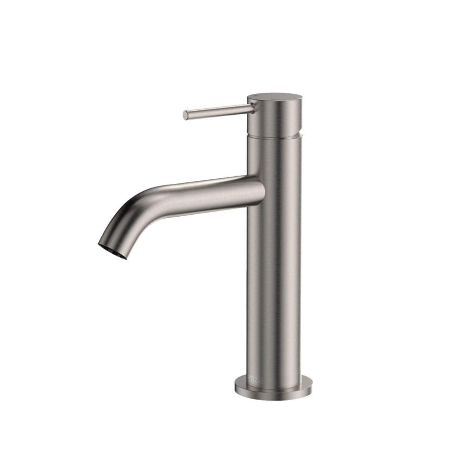 Fienza Kaya basin mixer in brushed nickel, single-lever tap with curved spout, front view on white background