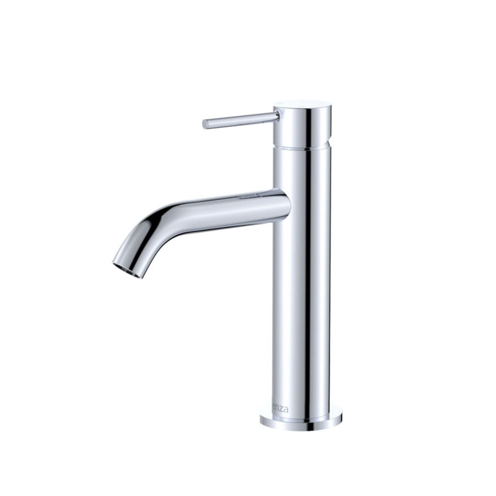 Fienza Kaya chrome basin mixer tap with curved spout and slim lever handle, isolated on white background