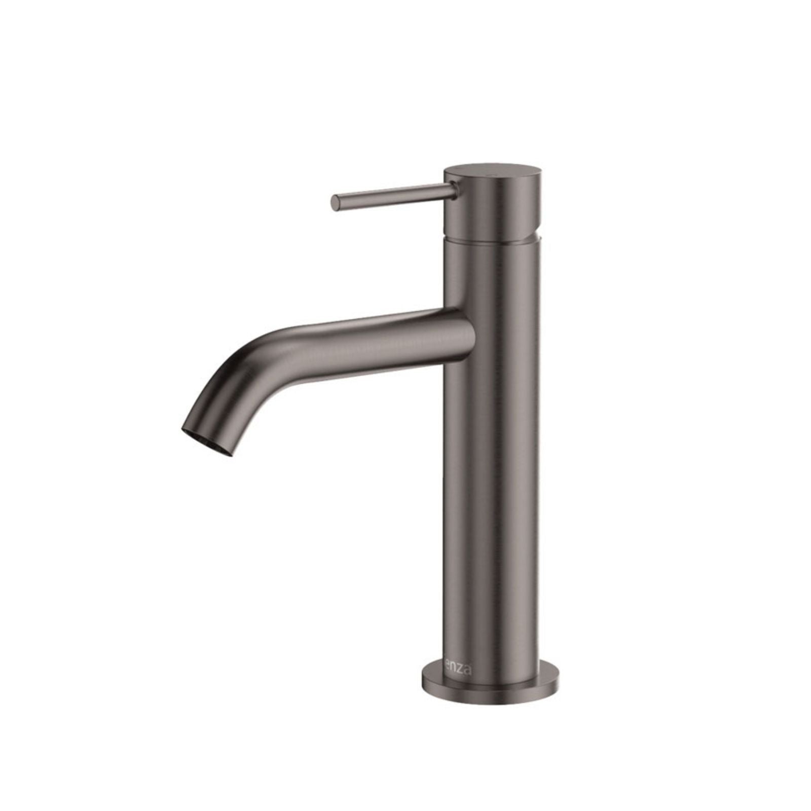 Fienza Kaya gun metal basin mixer with curved spout and single pin lever, on white background