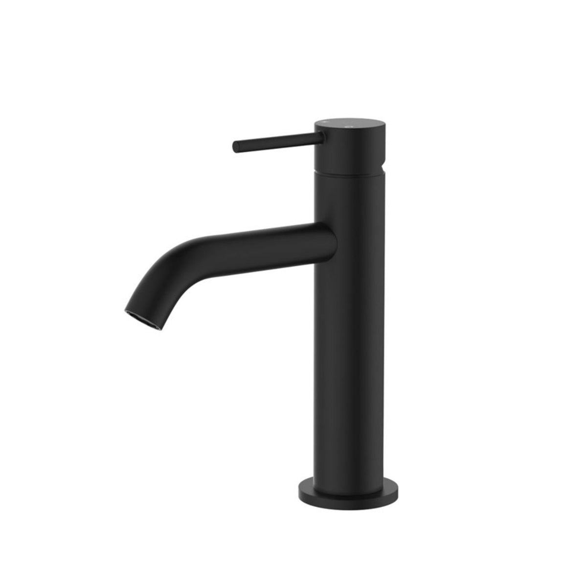 Fienza Kaya matte black basin mixer with curved spout and pin lever handle, front view