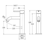 Fienza Kaya basin mixer technical drawing in matte black, showing side and front views with dimensions