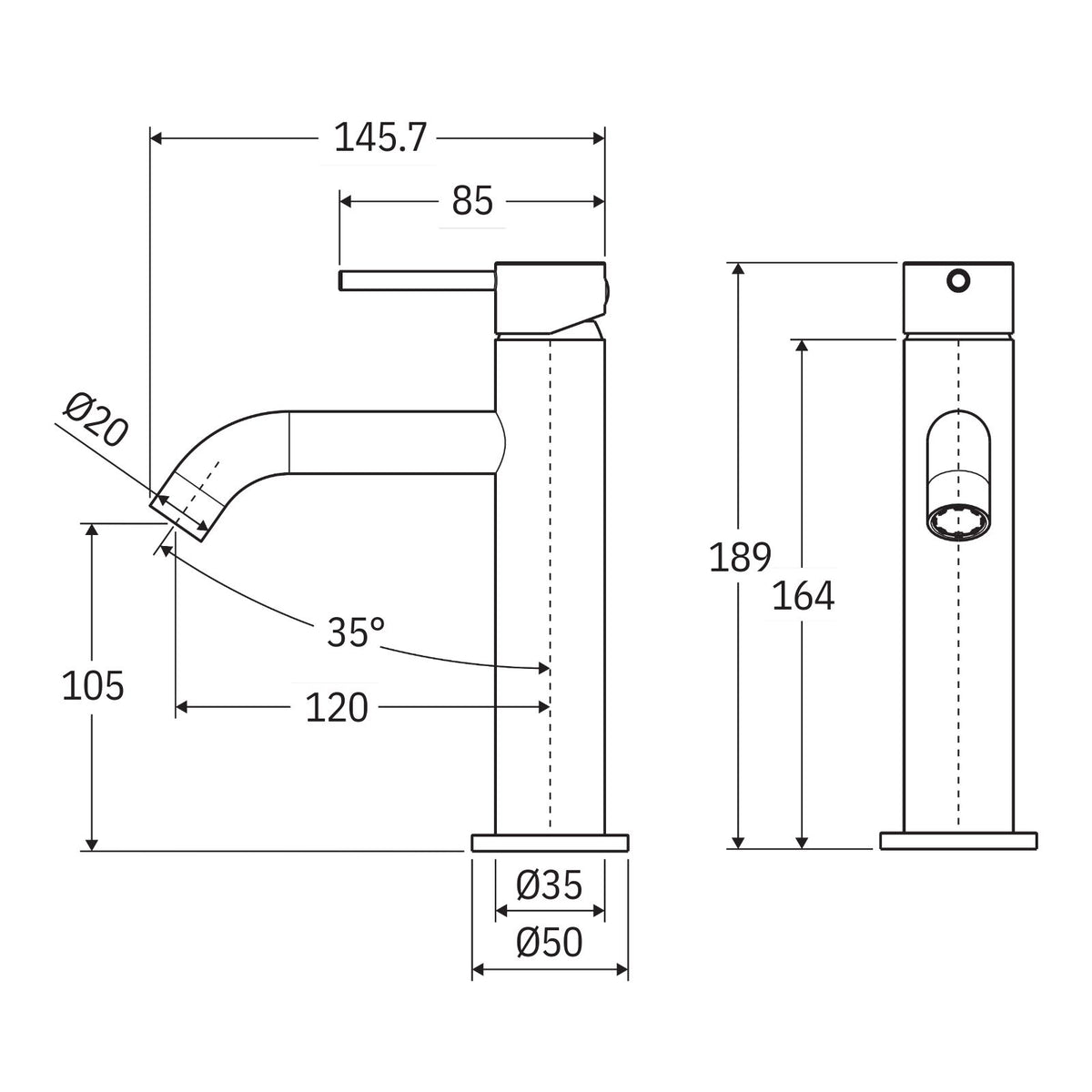 Fienza Kaya basin mixer technical drawing in matte black, showing side and front views with dimensions