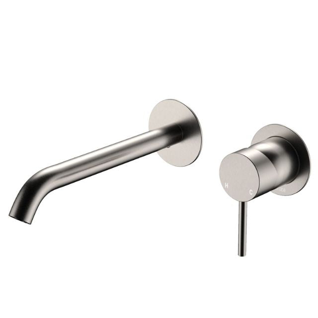 Fienza Kaya brushed nickel wall basin/bath mixer set with round 200mm spout and pin lever handle