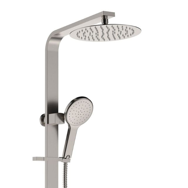 Fienza Kaya Deluxe twin shower in brushed nickel, with overhead rain shower and handheld on a wall rail
