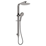 Fienza Kaya Deluxe twin shower in gun metal, with round overhead rain shower and hand shower on slider rail