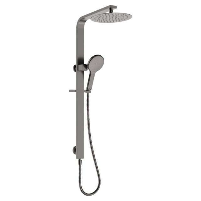 Fienza Kaya Deluxe twin shower in gun metal, with round overhead rain shower and hand shower on slider rail