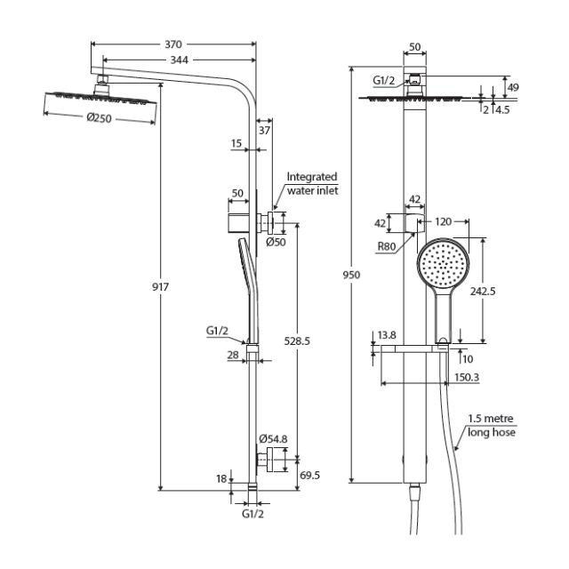 Technical drawing of Fienza Kaya Deluxe twin shower in gun metal, showing dimensions, overhead shower, hand shower, hose and slider rail