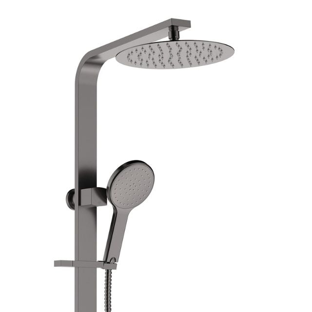 Fienza Kaya Deluxe twin shower in gun metal with round overhead rose and adjustable hand shower on rail