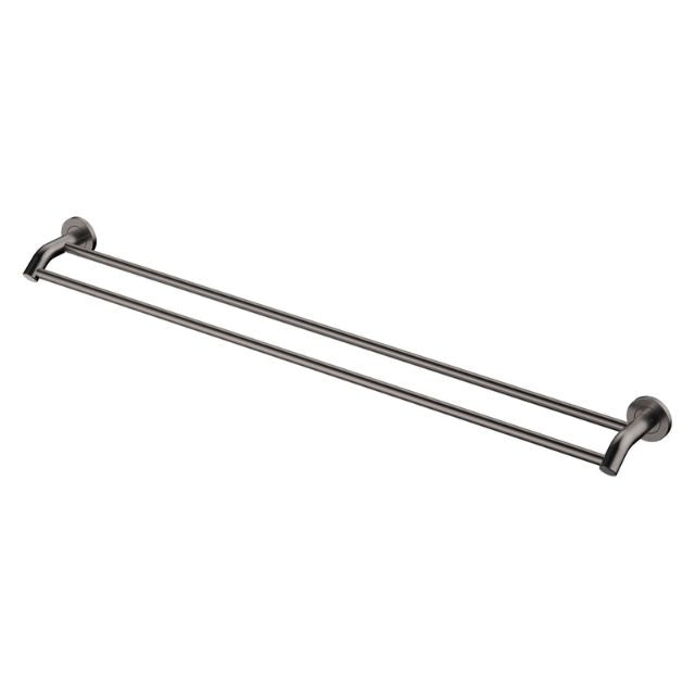 Fienza Kaya double towel rail 900mm in gun metal, with two slim bars and concealed wall mounts on white background