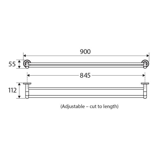 Technical drawing of Fienza Kaya double towel rail, showing 900mm length, 845mm fixing distance and 112mm depth in black outline