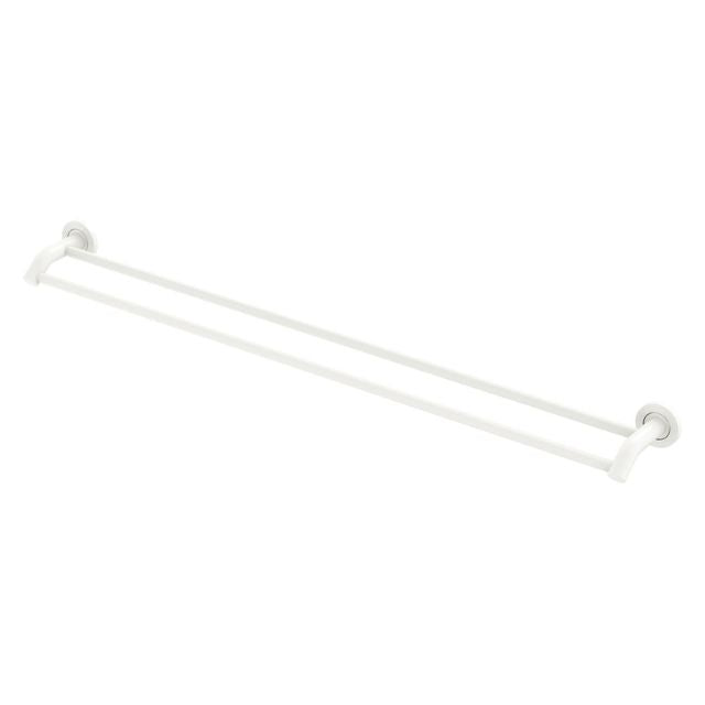 Fienza Kaya double towel rail in matte white, angled front view with two slim bars and round wall mounts