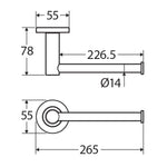 Fienza Kaya towel rail/toilet roll holder technical drawing with dimensions 265mm, 78mm, 55mm and 226.5mm annotated.