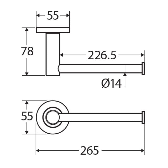 Fienza Kaya towel rail/toilet roll holder technical drawing with dimensions 265mm, 78mm, 55mm and 226.5mm annotated.