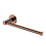 Fienza Kaya dual purpose toilet roll holder and towel rail in brushed copper, wall-mounted with round backplate