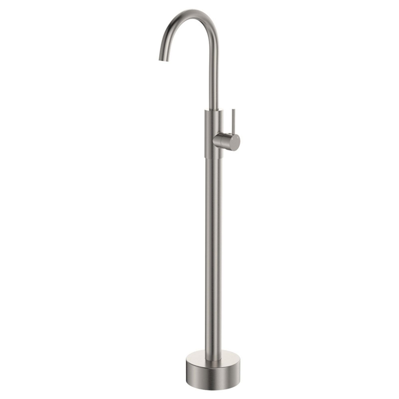 Fienza Kaya floor mounted bath mixer in brushed nickel, freestanding tap with swivel spout on round base
