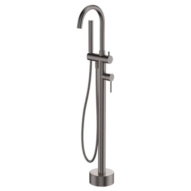 Fienza Kaya floor mounted bath mixer with hand shower in gun metal, freestanding bath tap on round base