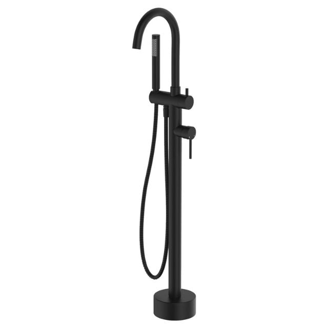 Fienza Kaya floor-mounted bath mixer with hand shower in matte black, tall curved tapware on round base