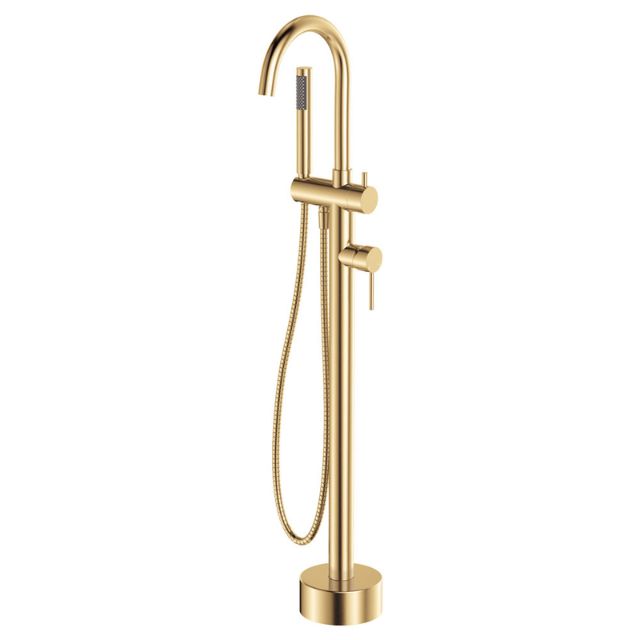 Fienza Kaya floor-mounted bath mixer with hand shower in urban brass, freestanding bath tap with swivel spout and hose