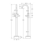Fienza Kaya floor mounted bath mixer in matte black, shown in technical drawing with dimensions and side views