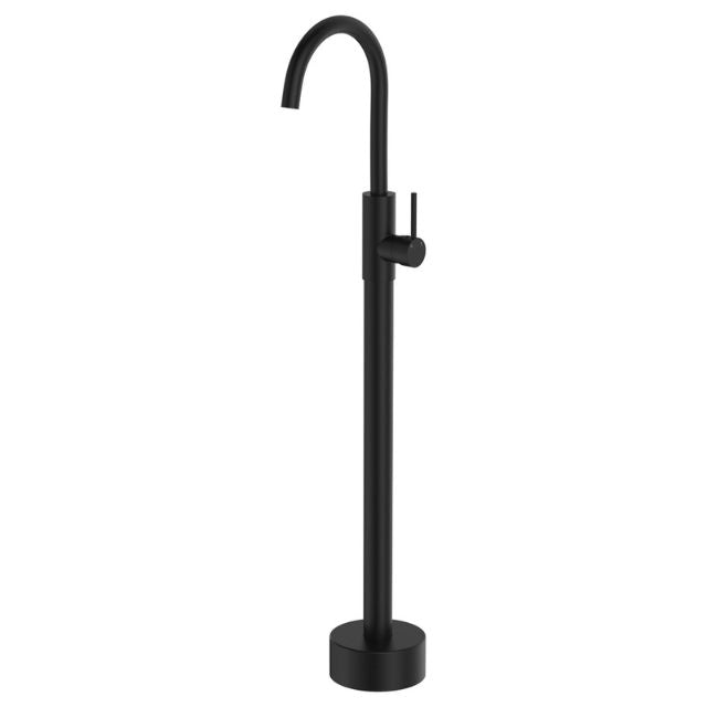 Fienza Kaya floor mounted bath mixer in matte black, freestanding tapware with curved swivel spout on round base