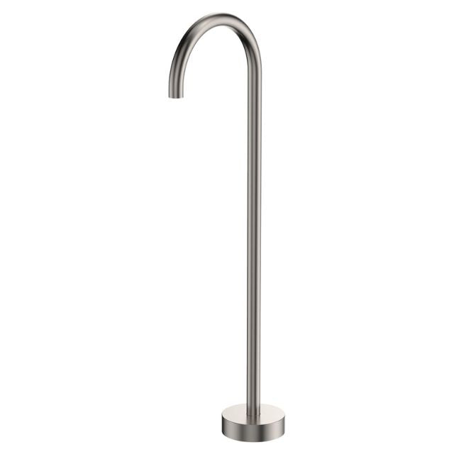 Fienza Kaya floor-mounted bath outlet in brushed nickel with gooseneck spout and round base, freestanding tap