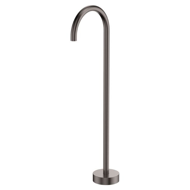 Fienza Kaya gun metal floor-mounted bath outlet with gooseneck spout and round base plate on white background