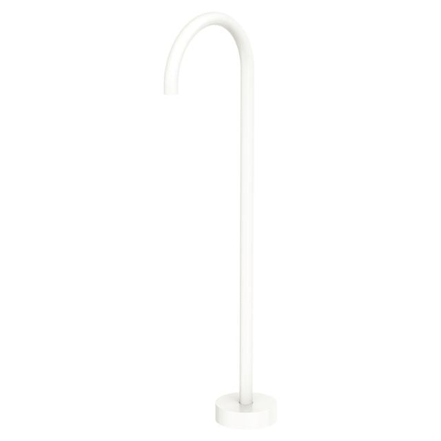 Fienza Kaya matte white floor-mounted gooseneck bath outlet on round base