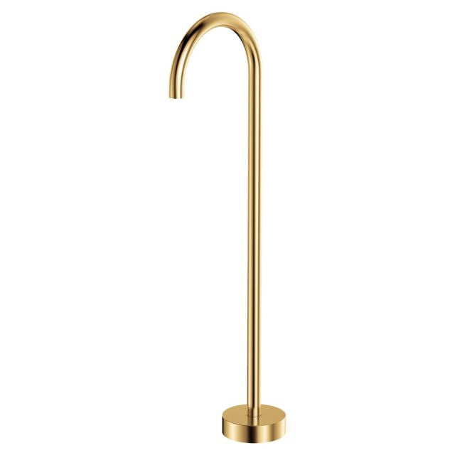 Fienza Kaya floor mounted bath outlet in urban brass, tall gooseneck spout with round base plate on white background
