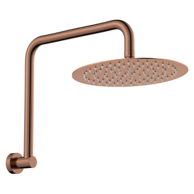 Fienza Kaya brushed copper gooseneck shower arm set with round wall shower head, side view on white background