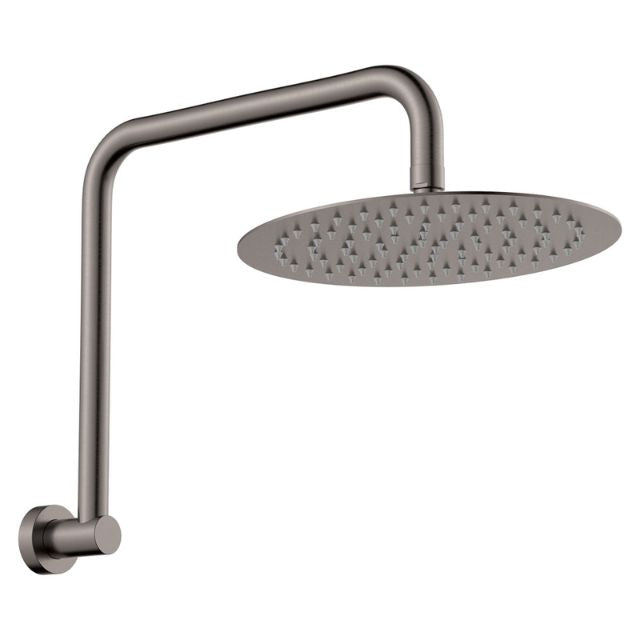 Fienza Kaya gun metal gooseneck shower arm set with slim round wall shower head, side view on white background