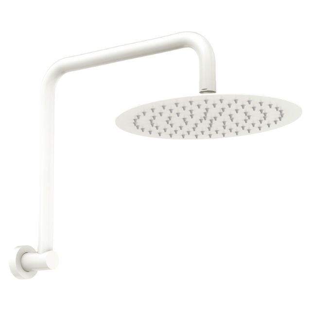 Fienza Kaya gooseneck shower arm set in matte white, wall-mounted with round overhead shower head