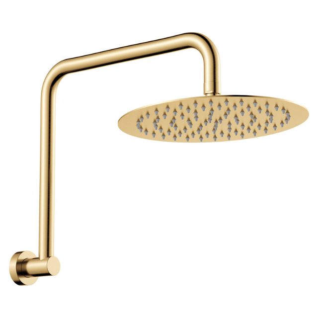 Fienza Kaya gooseneck shower arm set in urban brass, wall-mounted with slim round shower head on white background